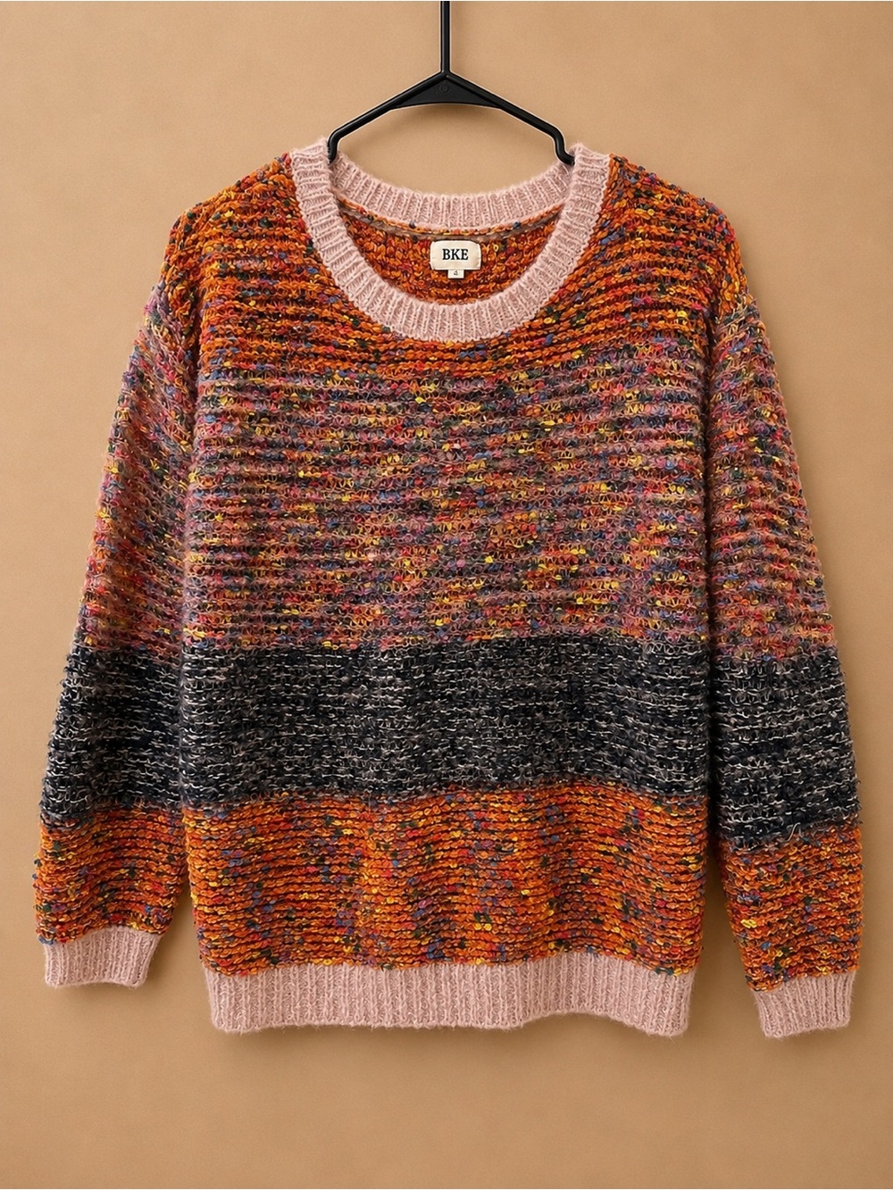BKE Multicolor Knit Sweater with Pink Trim and Charcoal Band